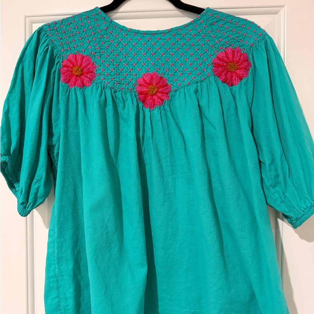 THML Turquoise Blouse with Fuchsia Embroidery